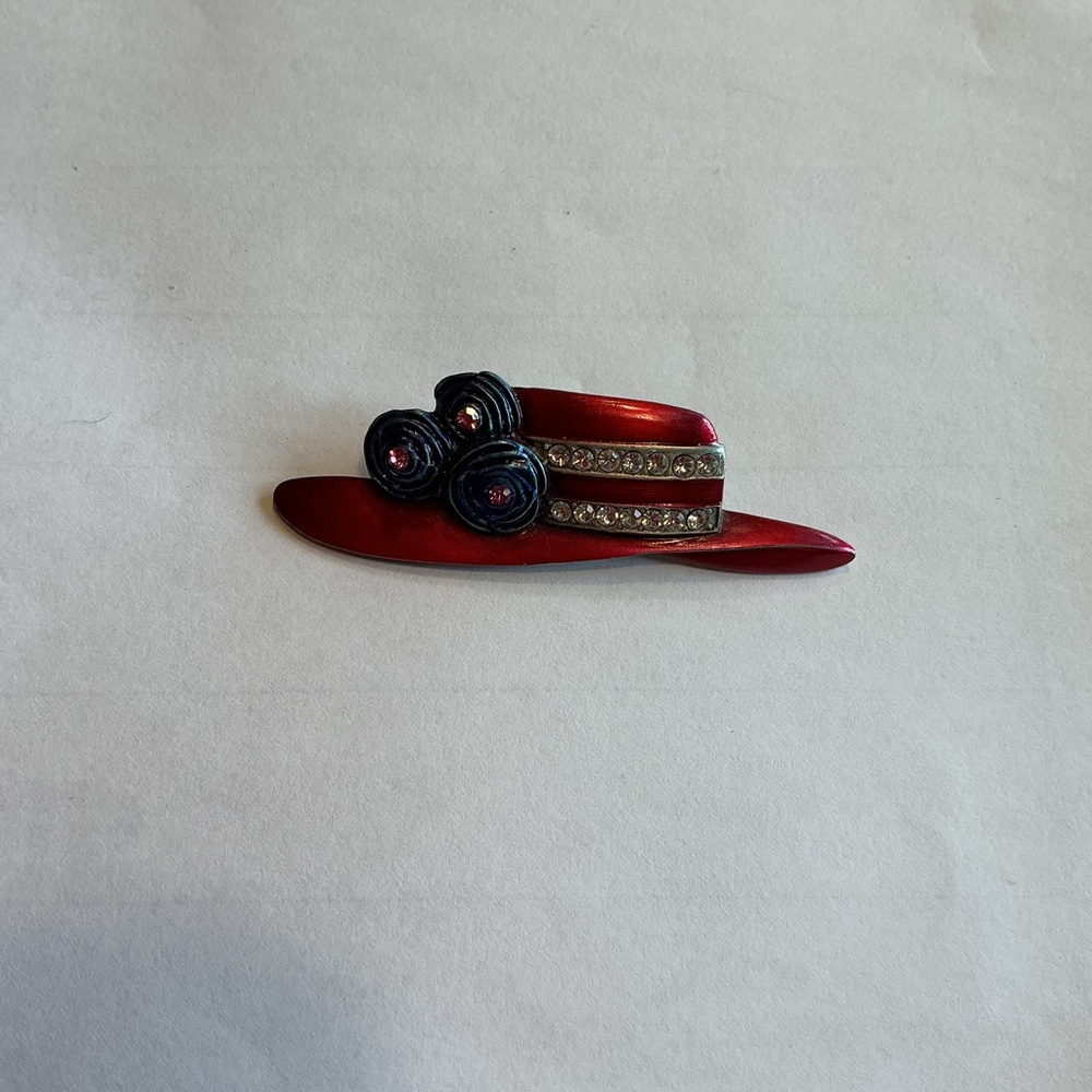 Vintage JJ Red  Decorative Hat Brooch with Rhinestones